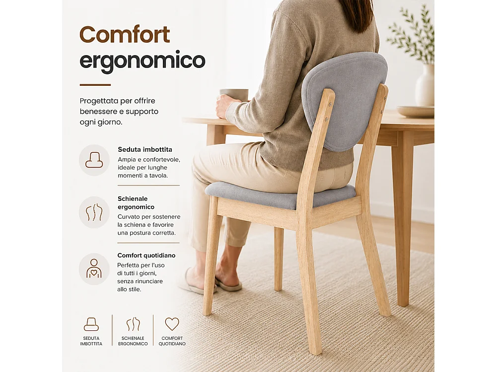 Set 2 Sedie da Pranzo in Legno Chiaro Rivestimento in Tessuto Grigio 52x47x84 cm