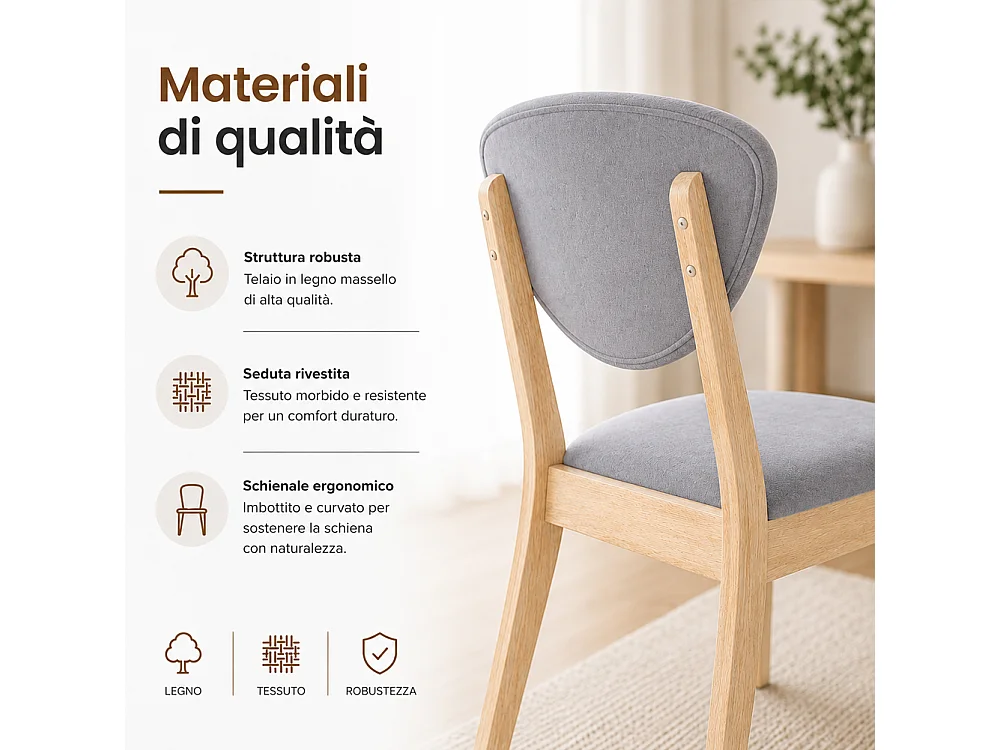 Set 2 Sedie da Pranzo in Legno Chiaro Rivestimento in Tessuto Grigio 52x47x84 cm