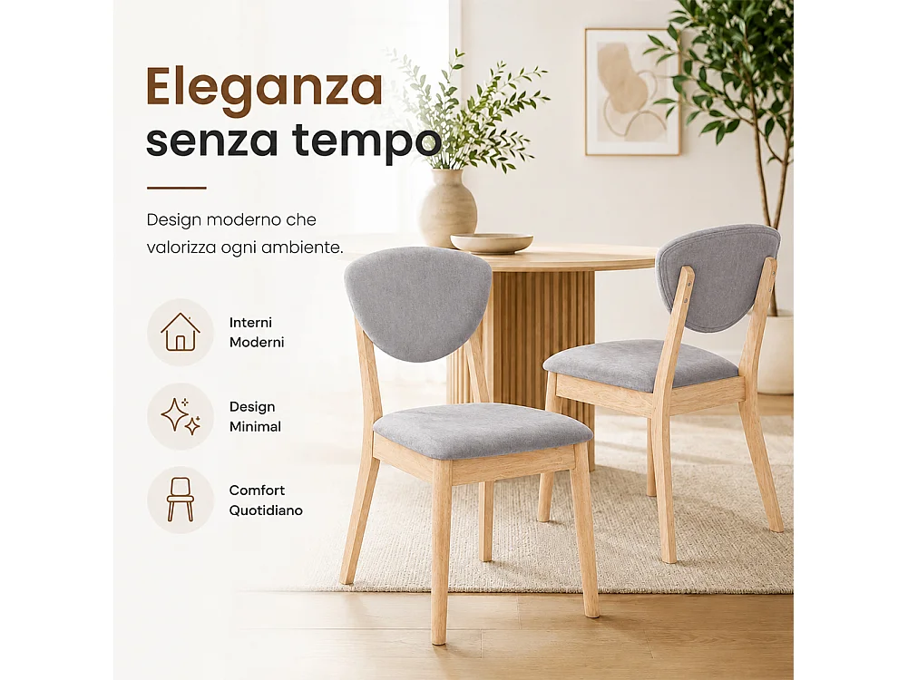Set 2 Sedie da Pranzo in Legno Chiaro Rivestimento in Tessuto Grigio 52x47x84 cm