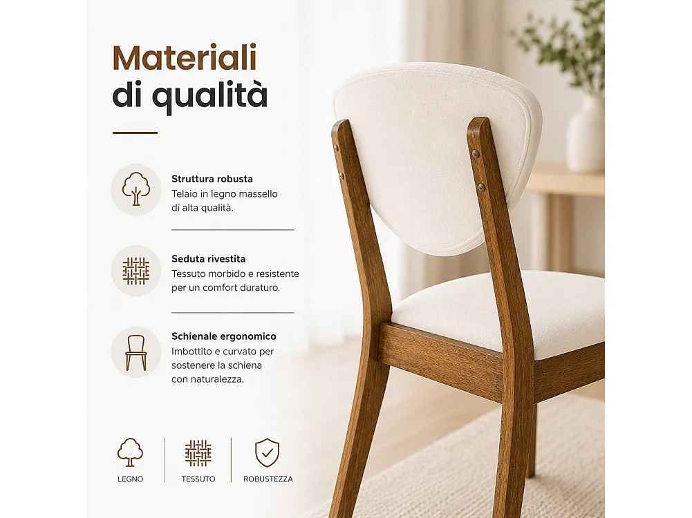 Set 2 Sedie da Pranzo in Legno Scuro Rivestimento in Tessuto Crema 52x47x84 cm