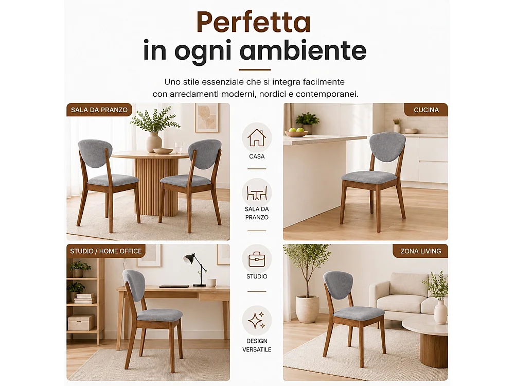 Set 2 Sedie da Pranzo in Legno Scuro Rivestimento in Tessuto Grigio 52x47x84 cm