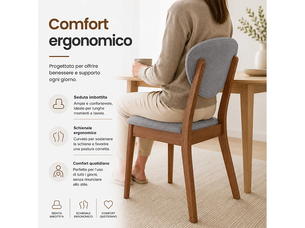 Set 2 Sedie da Pranzo in Legno Scuro Rivestimento in Tessuto Grigio 52x47x84 cm