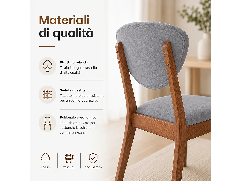 Set 2 Sedie da Pranzo in Legno Scuro Rivestimento in Tessuto Grigio 52x47x84 cm