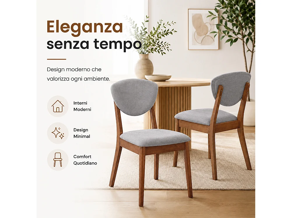 Set 2 Sedie da Pranzo in Legno Scuro Rivestimento in Tessuto Grigio 52x47x84 cm