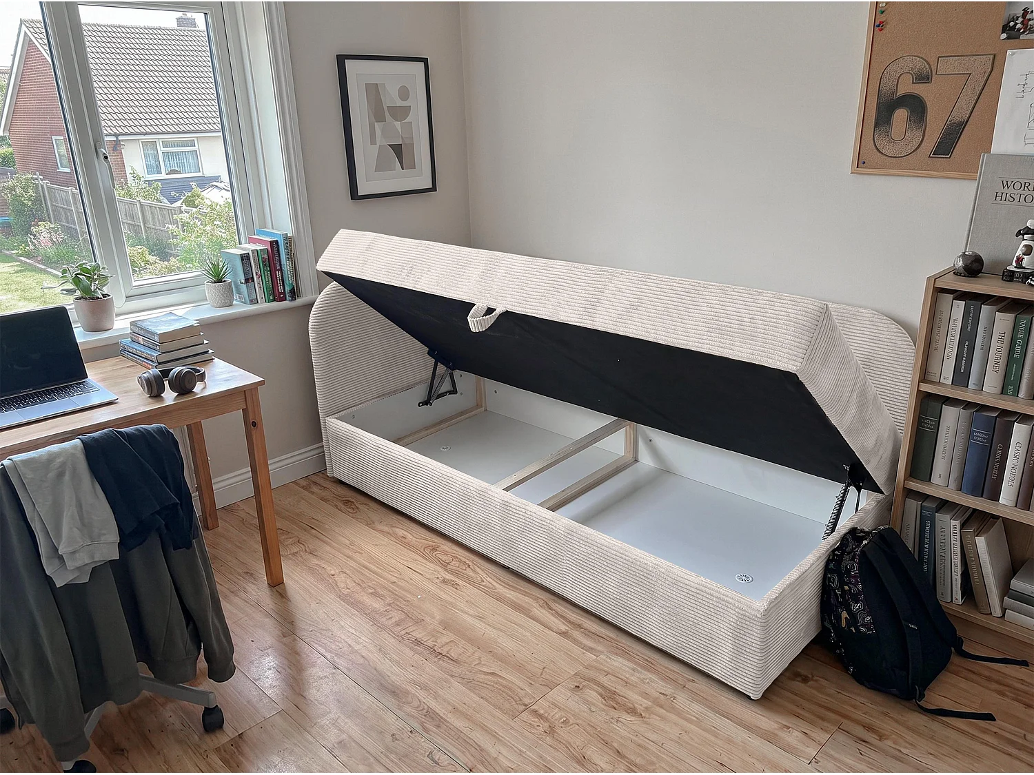 AX LIVING Nilda Bedbank 90x200 cm met opbergruimte – gestoffeerd eenpersoonsbed en tienerbed in crème