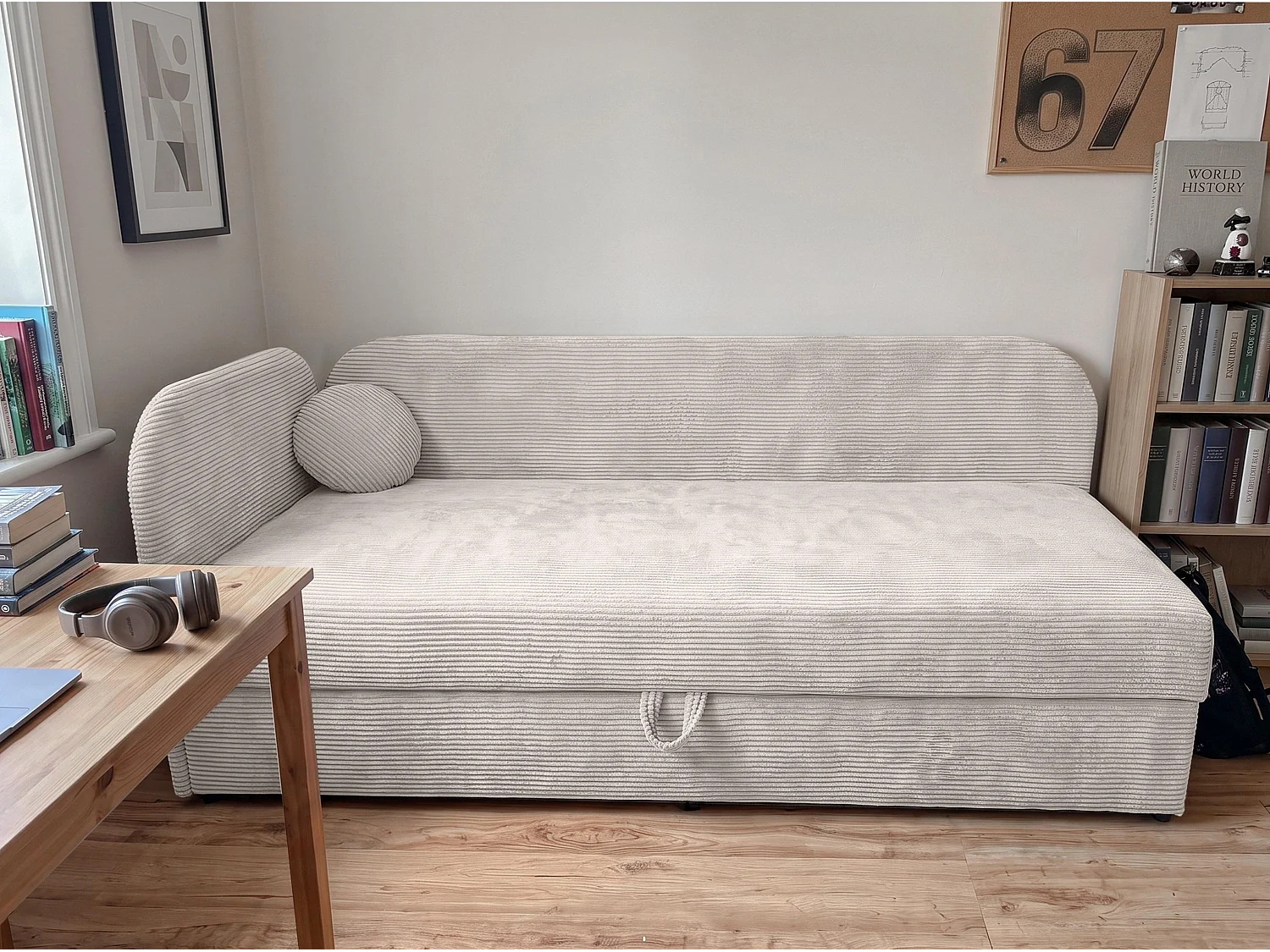 AX LIVING Nilda Bedbank 90x200 cm met opbergruimte – gestoffeerd eenpersoonsbed en tienerbed in crème