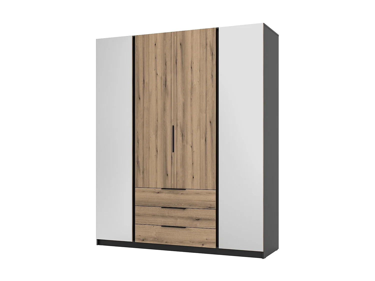 AX LIVING Armoire Nehir 200 cm noir/chêne Evoke, 2 miroirs latéraux, 3 tiroirs