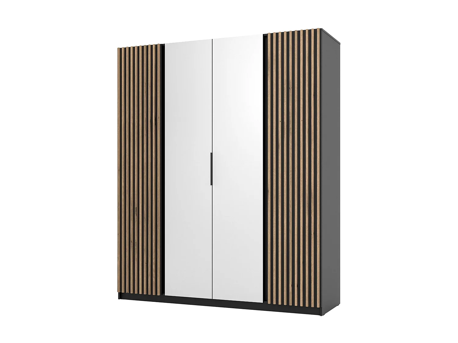 AX LIVING Armoire Nehir 200 cm caisson noir, façades noir/chêne Evoke, lattes latérales, miroirs centraux
