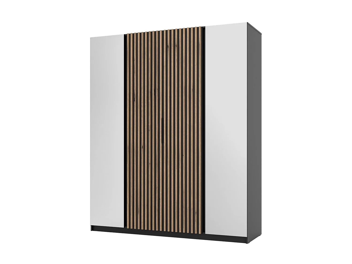 AX LIVING Armoire Nehir 200 cm caisson noir, façades noir/chêne Evoke, miroirs latéraux, lattes centrales