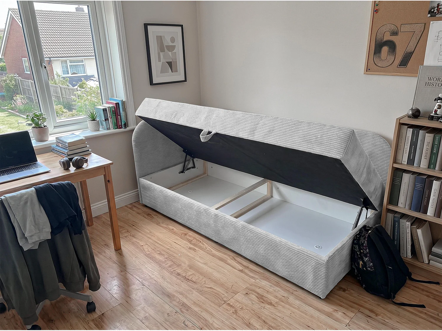 AX LIVING Nilda Bedbank 90x200 cm met opbergruimte – gestoffeerd eenpersoonsbed en tienerbed in lichtgrijs