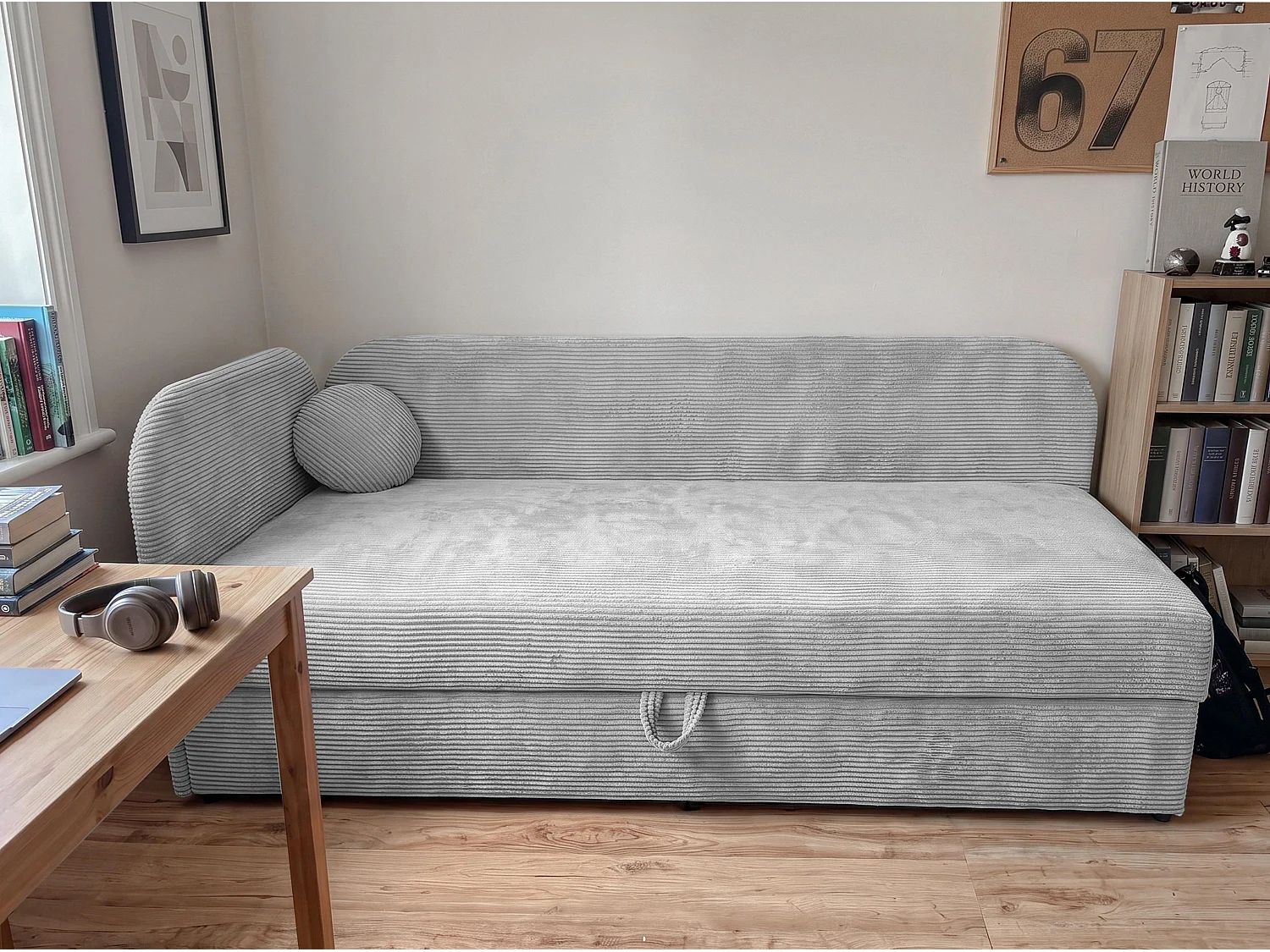 AX LIVING Nilda Bedbank 90x200 cm met opbergruimte – gestoffeerd eenpersoonsbed en tienerbed in lichtgrijs