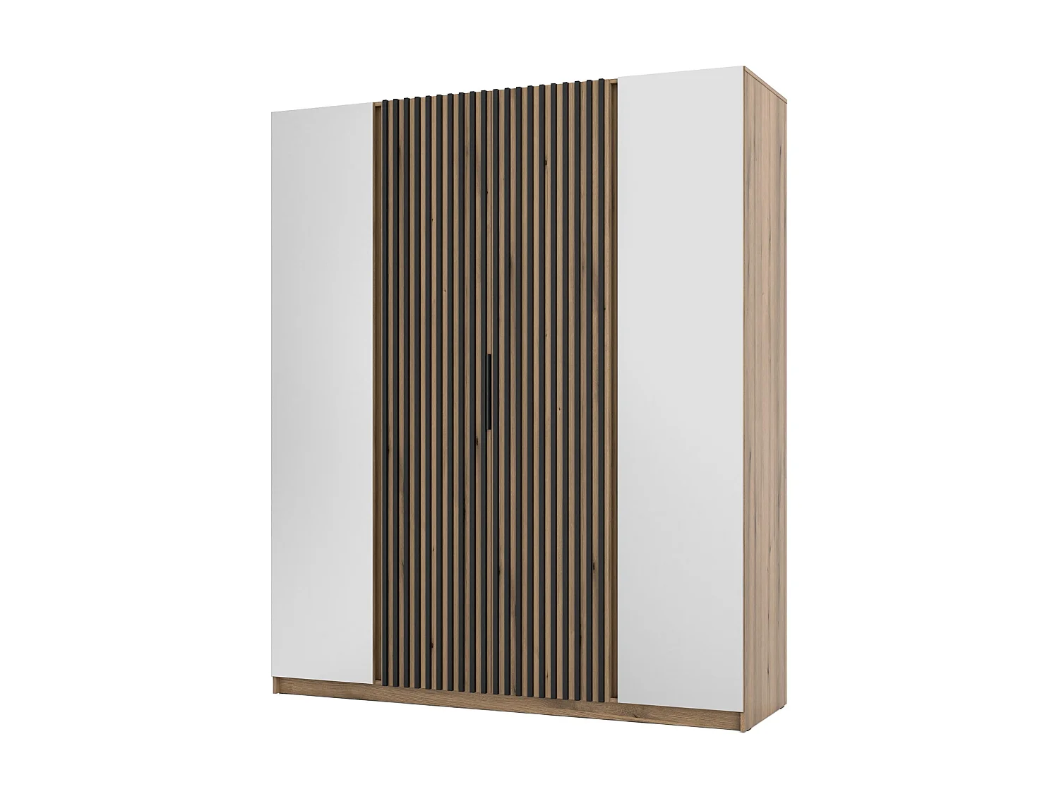 AX LIVING Armoire Nehir 200 cm caisson chêne Evoke, façades chêne Evoke/noir, miroirs latéraux, lattes centrales