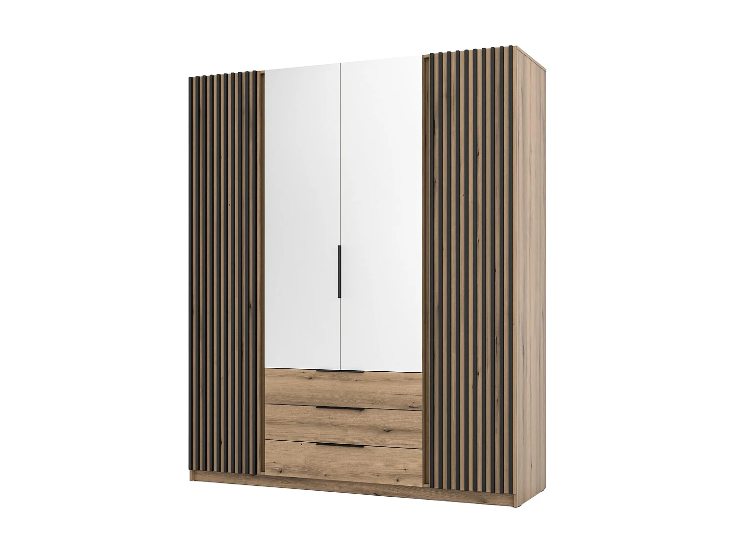 AX LIVING Armoire Nehir 200 cm caisson chêne Evoke, façades chêne Evoke/noir, lattes latérales, miroirs centraux, 3 tiroirs