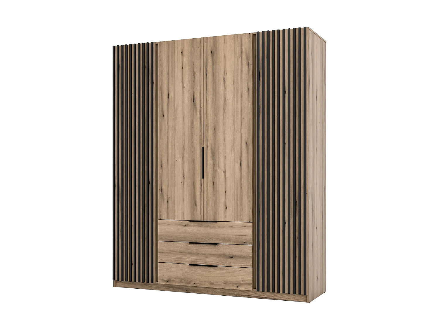 AX LIVING Nehir Kleiderschrank 200 cm Korpus Eiche Evoke, Front Eiche Evoke/Schwarz, 2 Lamellentüren außen, 3 Schubladen