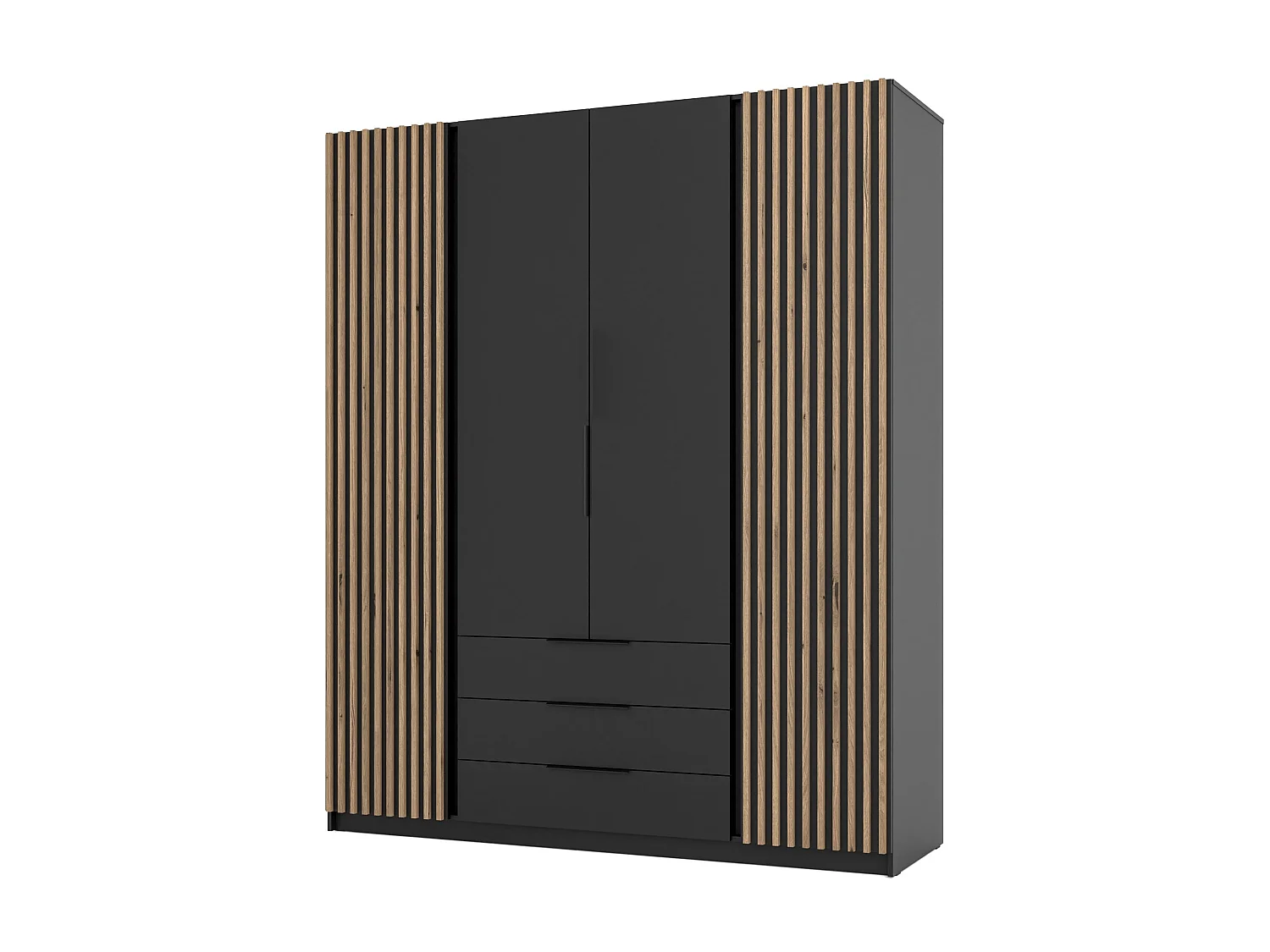 AX LIVING Armoire Nehir 200 cm caisson noir, façades noir/chêne Evoke, 2 portes à lattes latérales, 3 tiroirs