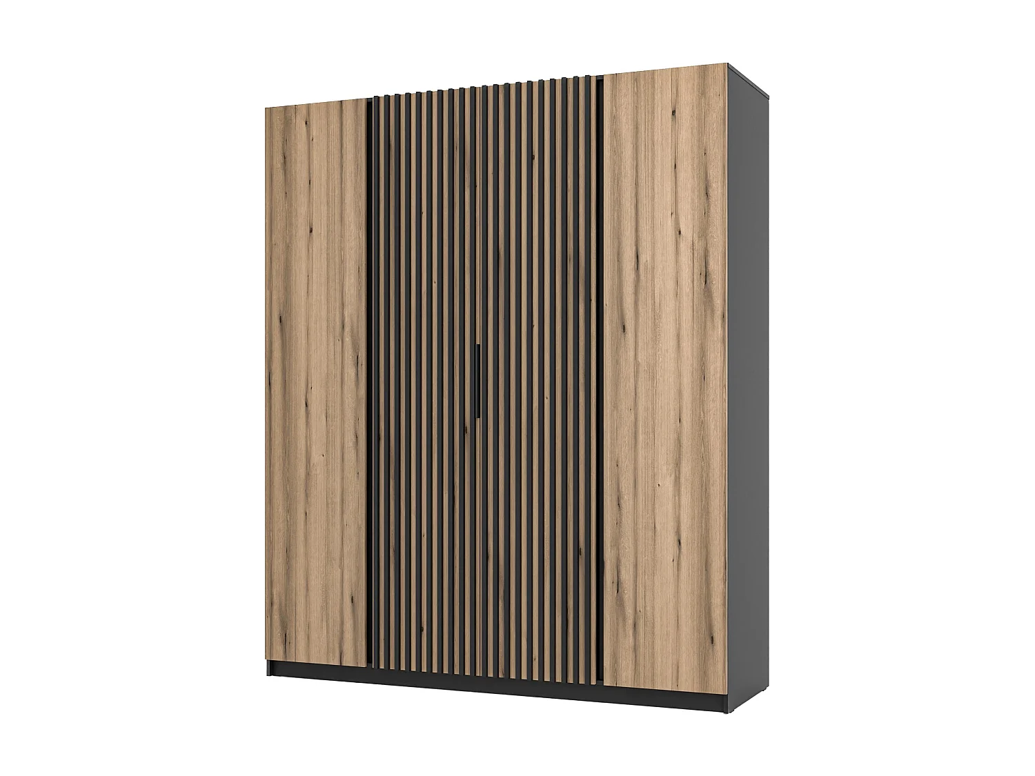 AX LIVING Nehir Kleiderschrank 200 cm Korpus Schwarz, Front Eiche Evoke/Schwarz, 2 Lamellentüren mittig