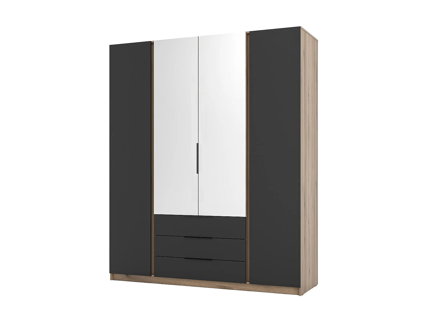 AX LIVING Armoire Nehir 200 cm chêne Evoke/noir, 2 miroirs centraux, 3 tiroirs