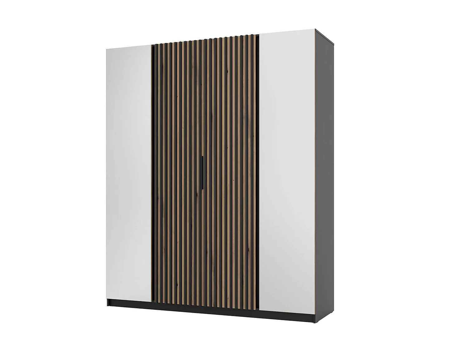 AX LIVING Nehir Kleiderschrank 200 cm Korpus Schwarz, Front Eiche Evoke/Schwarz, Spiegel außen, Lamellen mittig