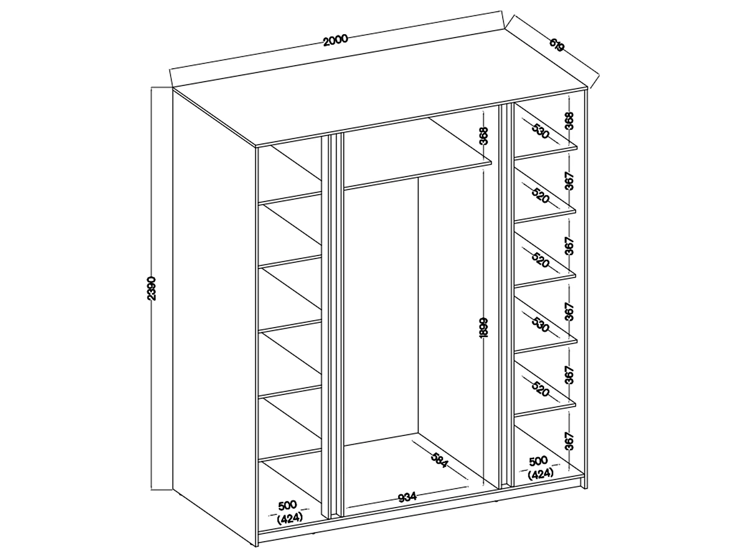 AX LIVING Nehir Kleiderschrank 200 cm Korpus Schwarz, Front Eiche Evoke/Schwarz, Spiegel außen, Lamellen mittig