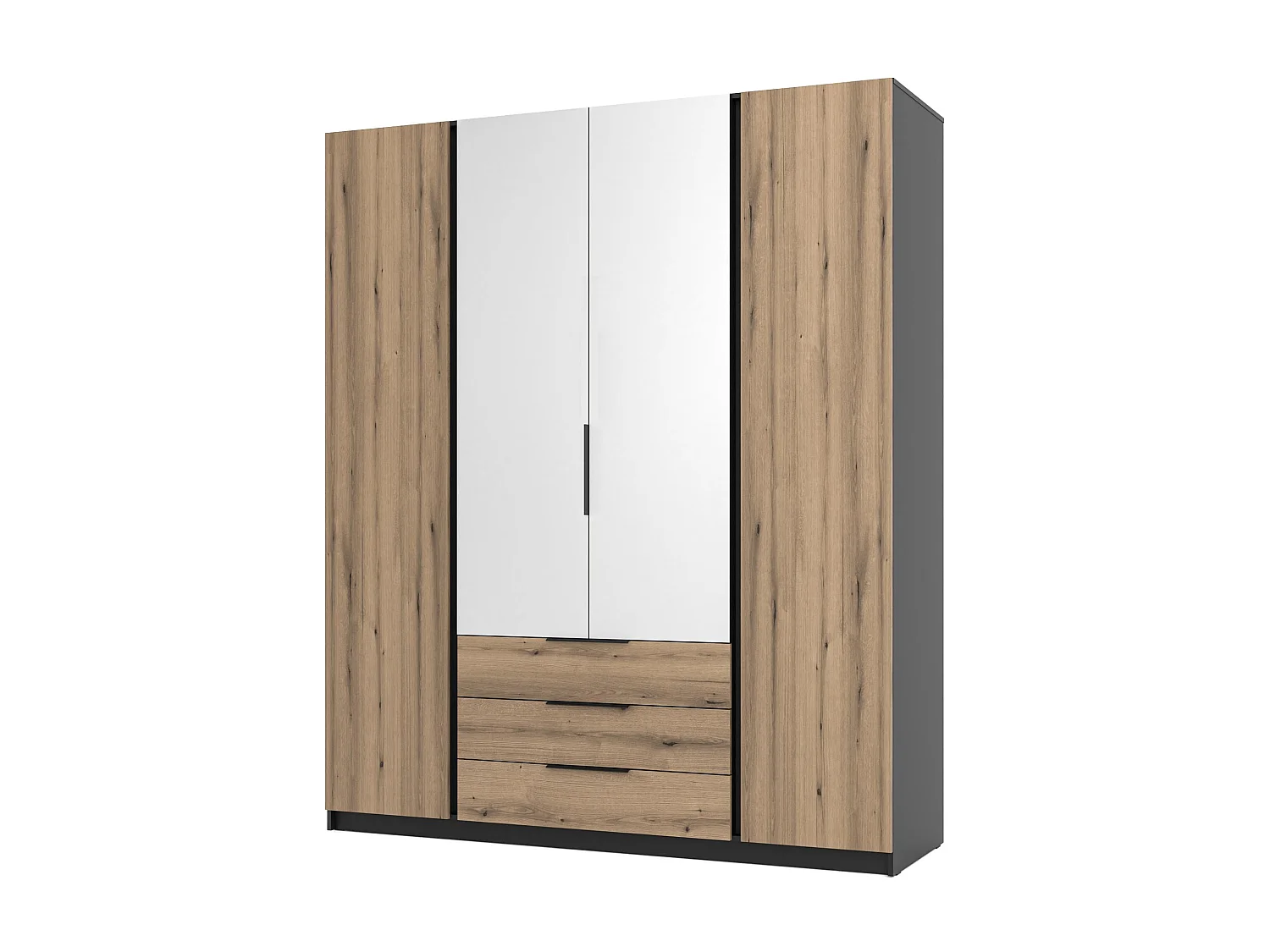 AX LIVING Nehir Kleiderschrank 200 cm Schwarz/Eiche Evoke, 2 Spiegel mittig, 3 Schubladen