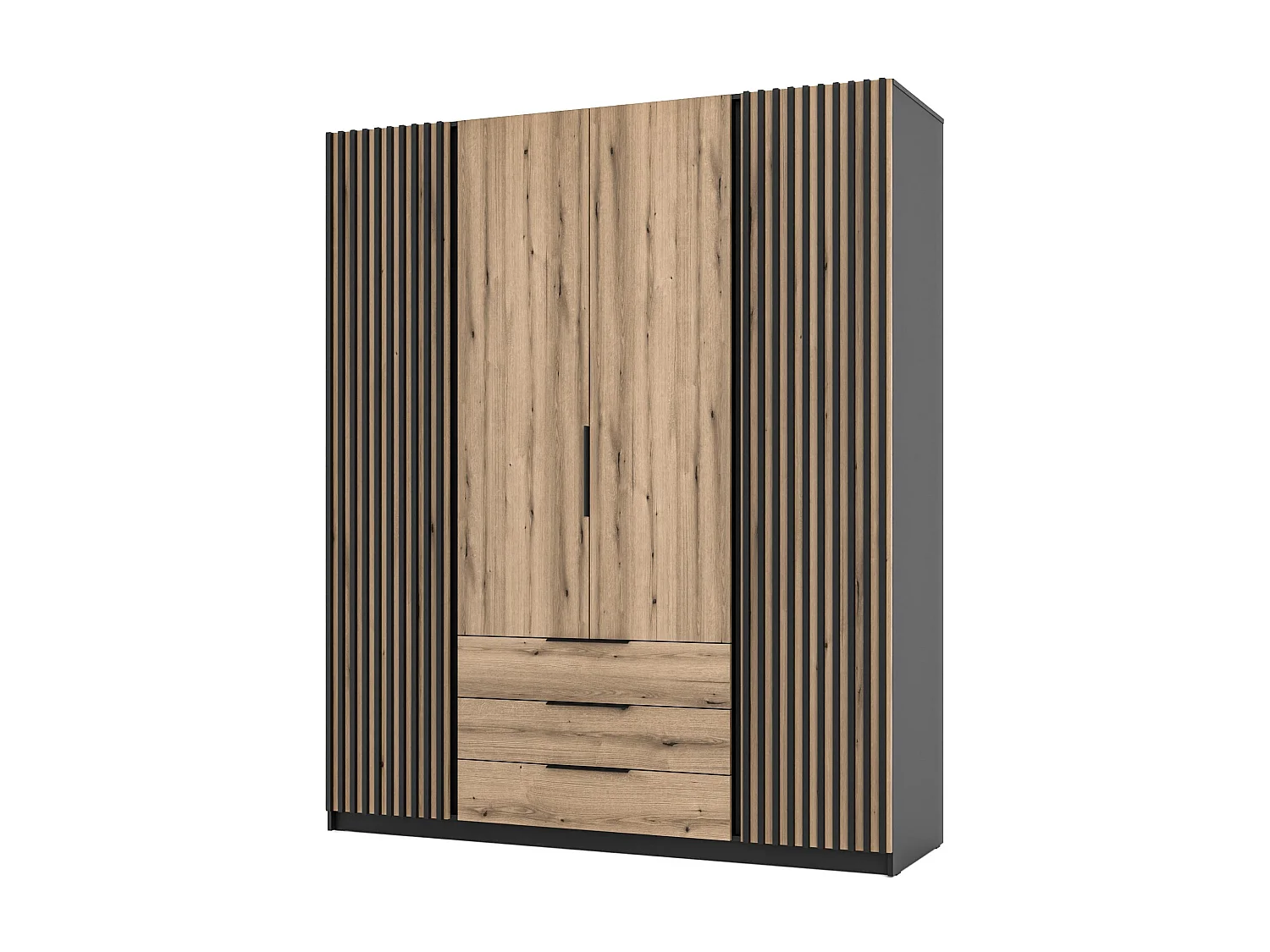 AX LIVING Armoire Nehir 200 cm caisson noir, façades chêne Evoke/noir, 2 portes à lattes latérales, 3 tiroirs