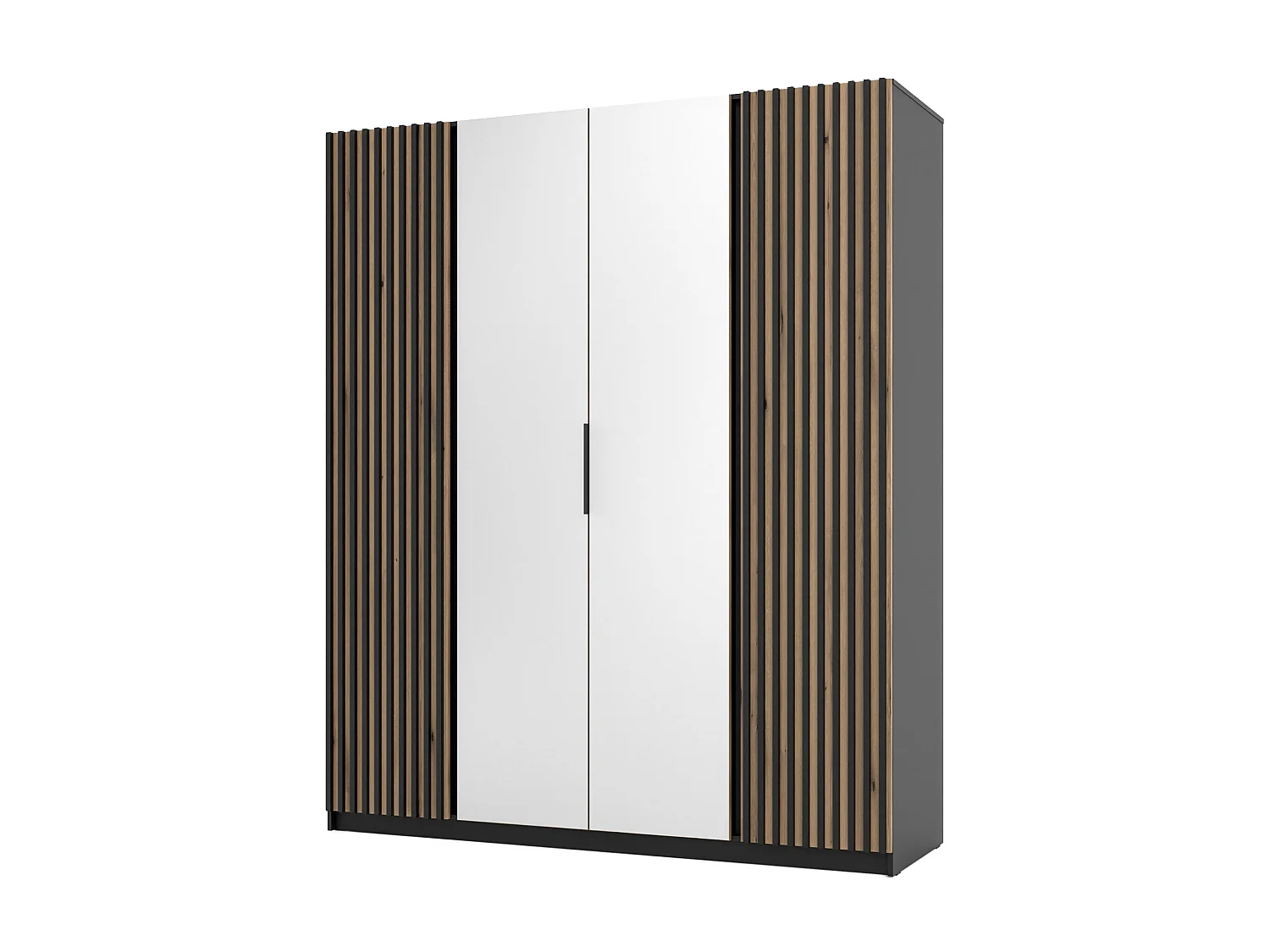 AX LIVING Nehir Kleiderschrank 200 cm Korpus Schwarz, Front Eiche Evoke/Schwarz, Lamellen außen, Spiegel mittig
