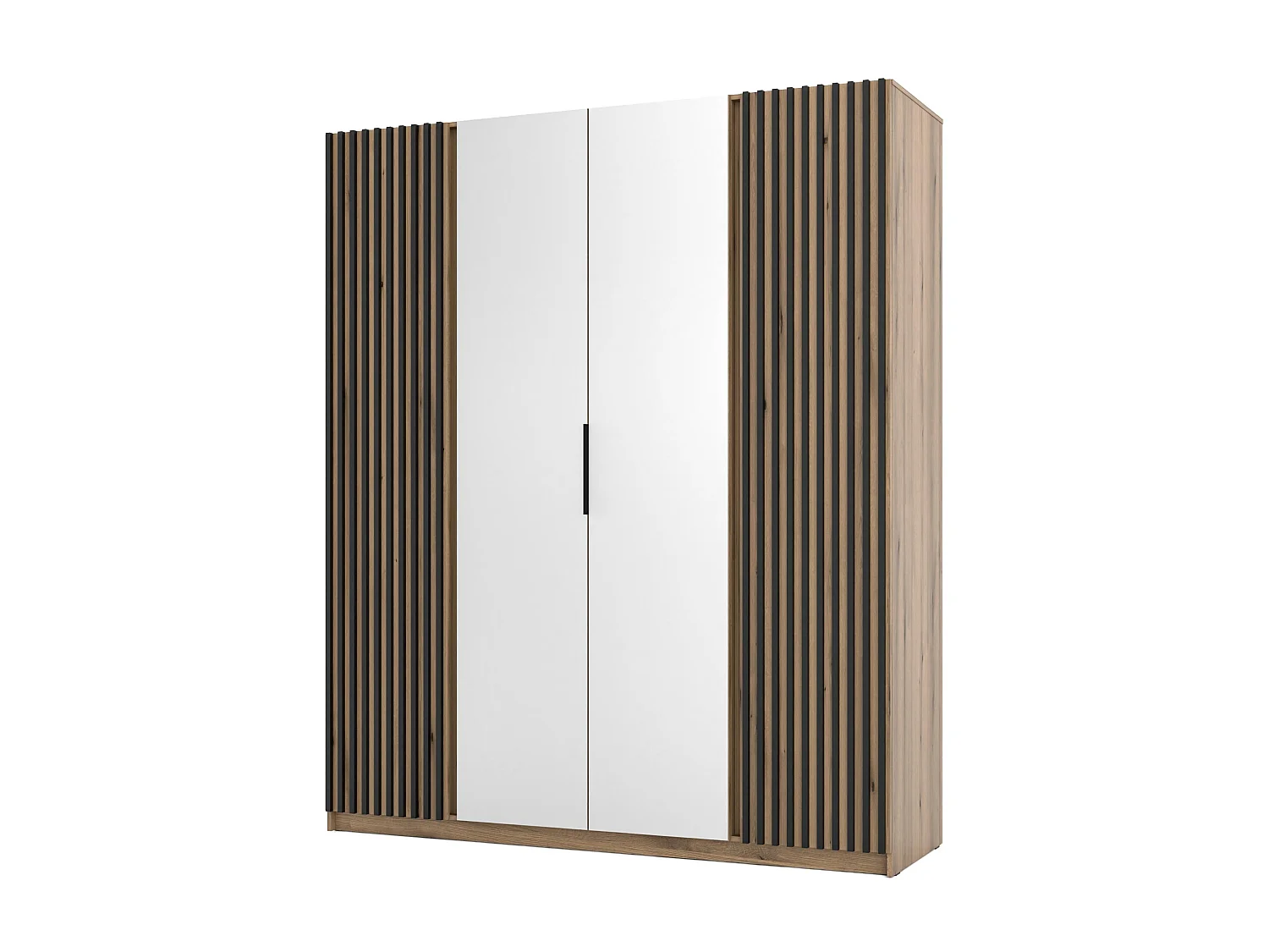 AX LIVING Armoire Nehir 200 cm caisson chêne Evoke, façades chêne Evoke/noir, lattes latérales, miroirs centraux