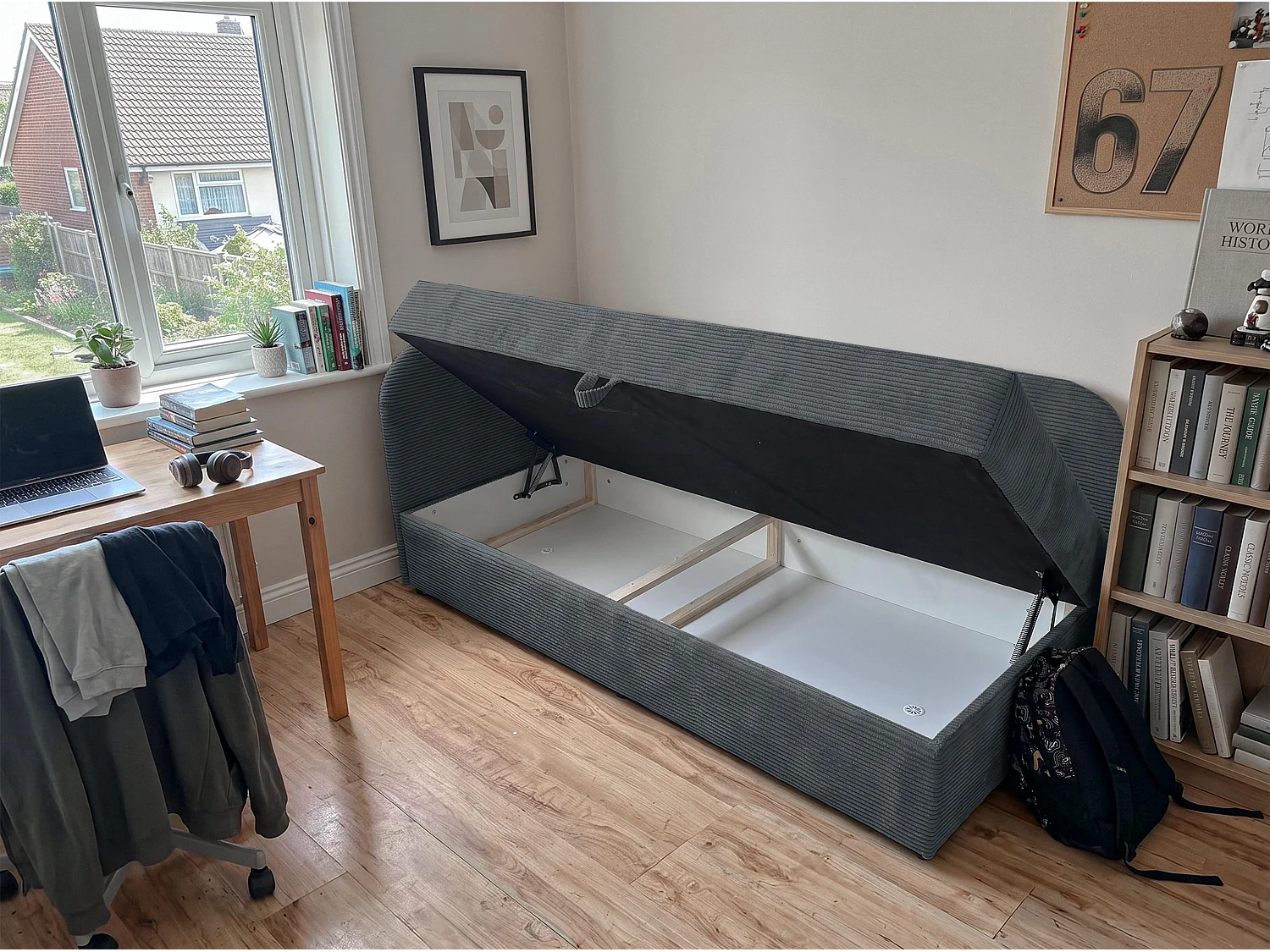 AX LIVING Nilda Bedbank 90x200 cm met opbergruimte – gestoffeerd eenpersoonsbed en tienerbed in donkergrijs