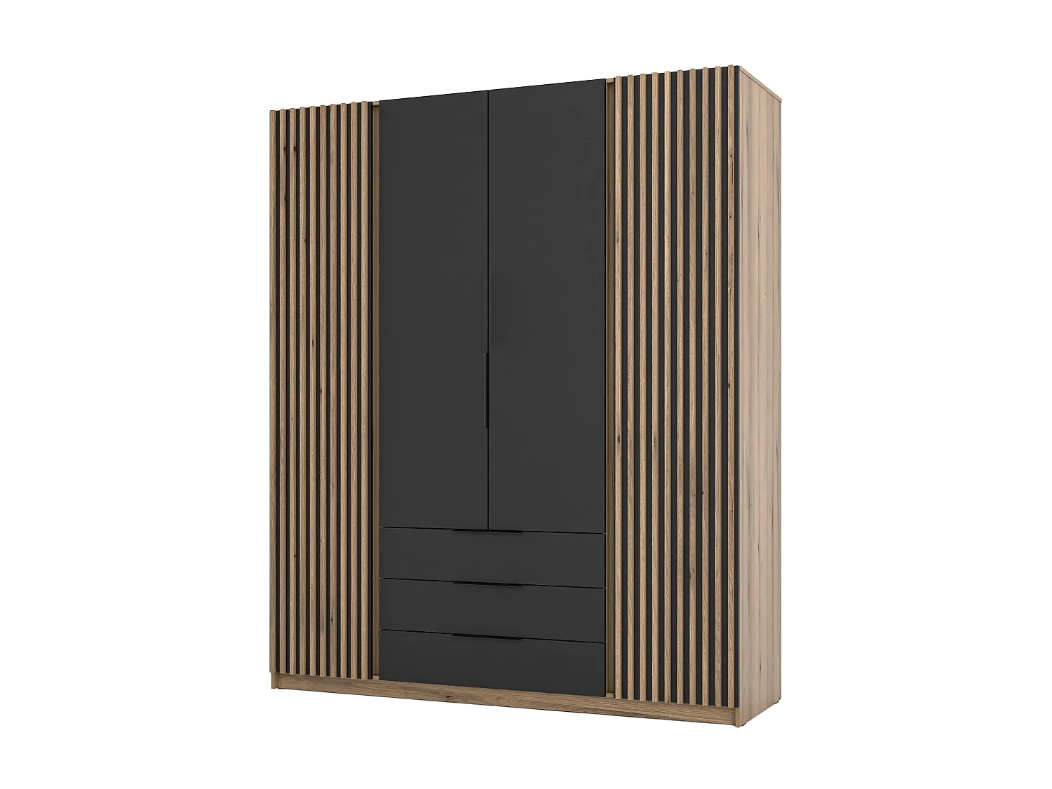 AX LIVING Nehir Kleiderschrank 200 cm Korpus Eiche Evoke, Front Schwarz/Eiche Evoke, 2 Lamellentüren außen, 3 Schubladen