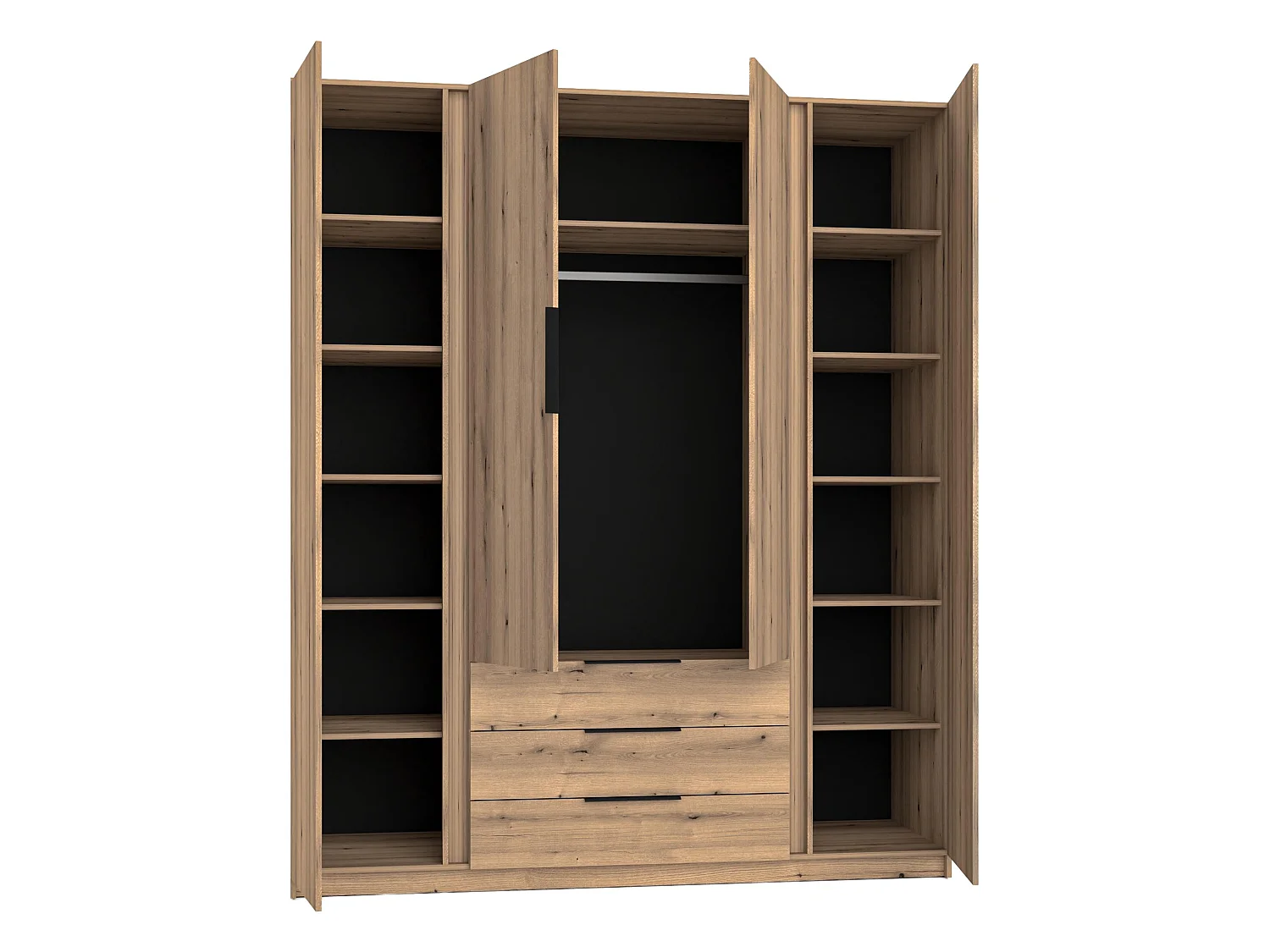 AX LIVING Nehir Kleiderschrank 200 cm Korpus Eiche Evoke, Front Schwarz/Eiche Evoke, 2 Lamellentüren außen, 3 Schubladen