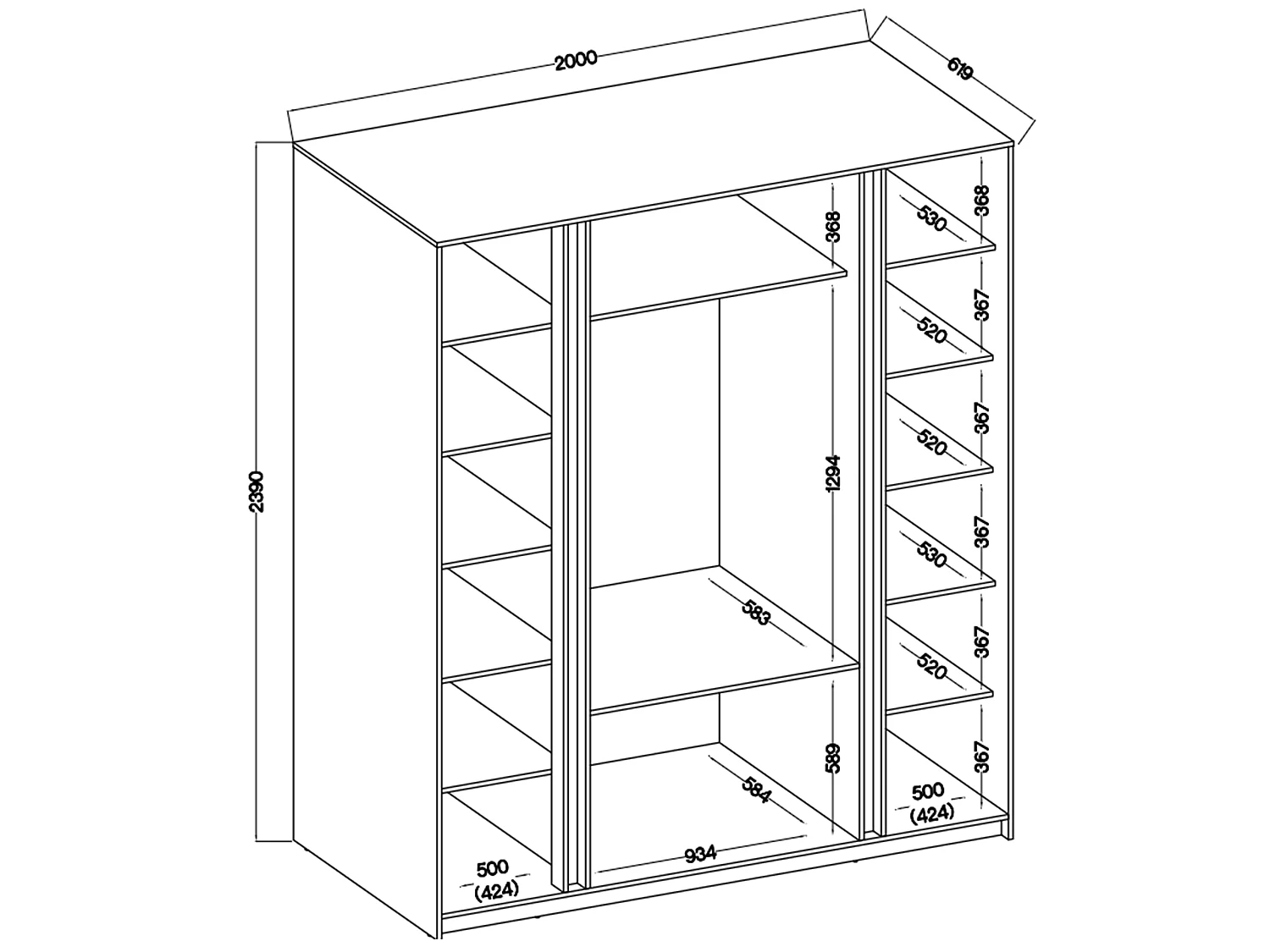 AX LIVING Nehir Kleiderschrank 200 cm Korpus Eiche Evoke, Front Schwarz/Eiche Evoke, 2 Lamellentüren außen, 3 Schubladen