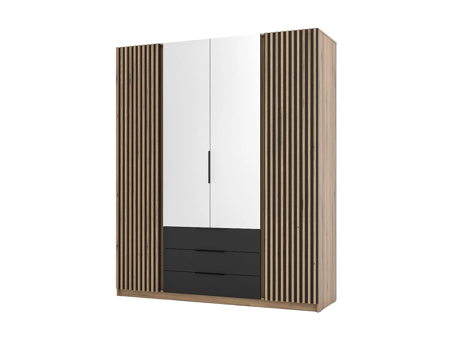 AX LIVING Nehir Kleiderschrank 200 cm Korpus Eiche Evoke, Front Schwarz/Eiche Evoke, Lamellen außen, Spiegel mittig, 3 Schubladen