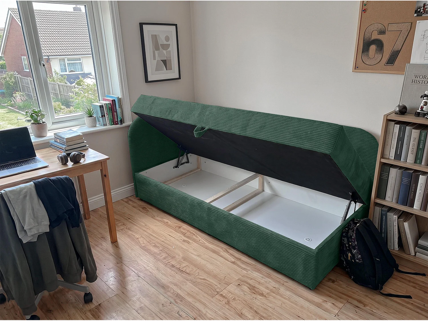 AX LIVING Nilda Tagesbett 90x200 cm mit Bettkasten – gepolstertes Einzelbett & Jugendbett in Dunkelgrün