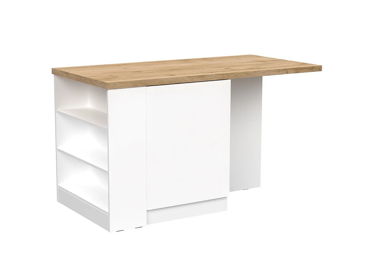 Ilot de cuisine 160cm avec angle laqué blanc plateau aspect bois finition Cadiz - ALVA