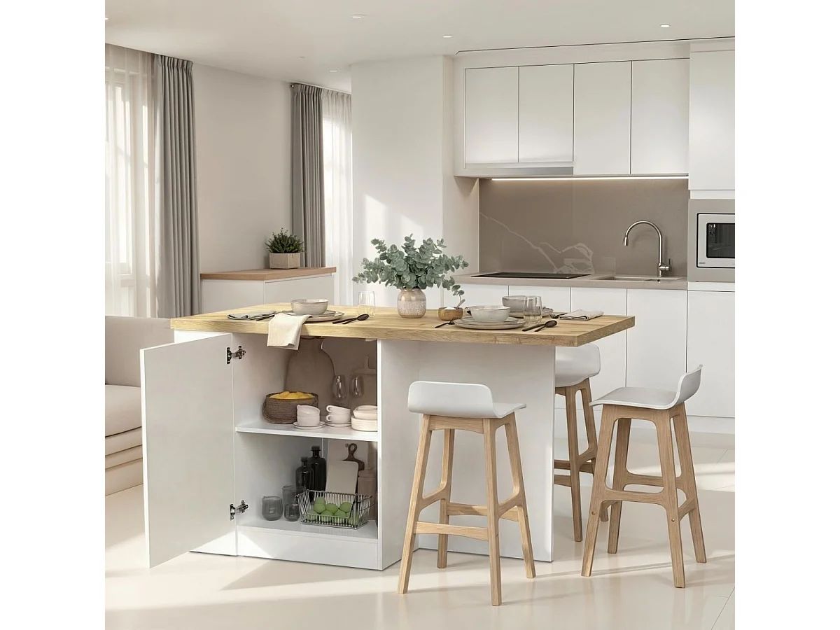 Ilot de cuisine 160cm avec angle laqué blanc plateau aspect bois finition Cadiz - ALVA