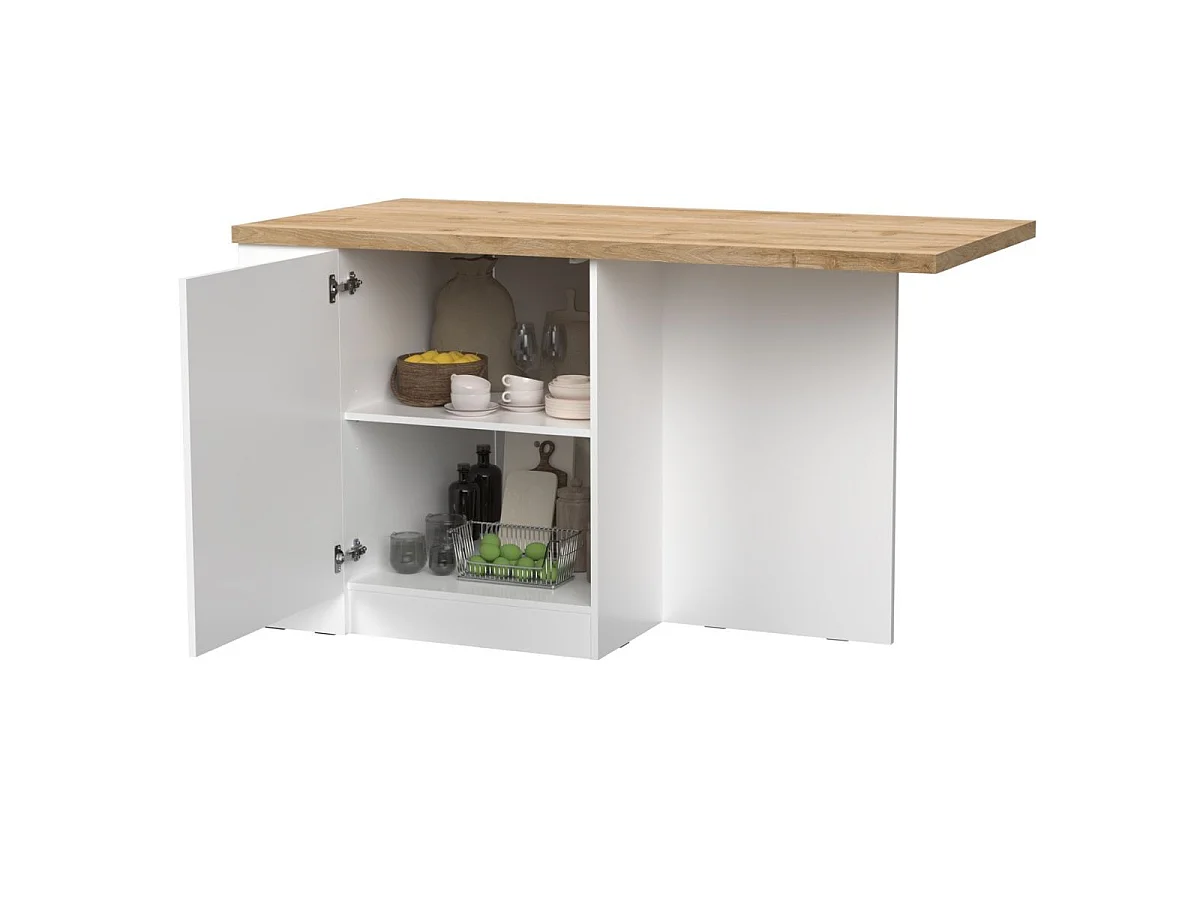 Ilot de cuisine 160cm avec angle laqué blanc plateau aspect bois finition Cadiz - ALVA