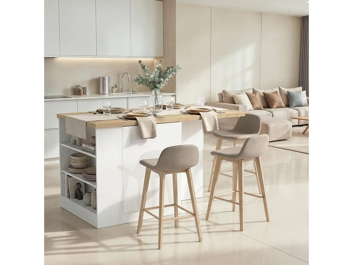 Ilot de cuisine 160cm avec angle laqué blanc plateau aspect bois finition Cadiz - ALVA