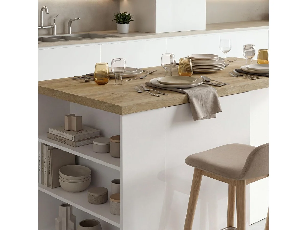 Ilot de cuisine 160cm avec angle laqué blanc plateau aspect bois finition Cadiz - ALVA