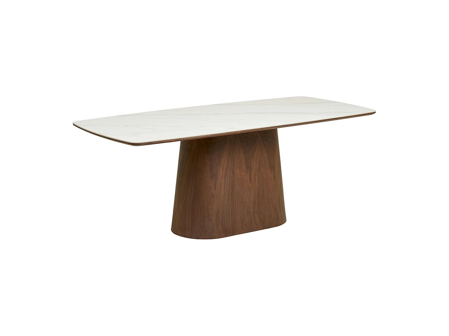 Table à manger plateau céramique aspect travertin 200 cm, pied bois foncé PRATO