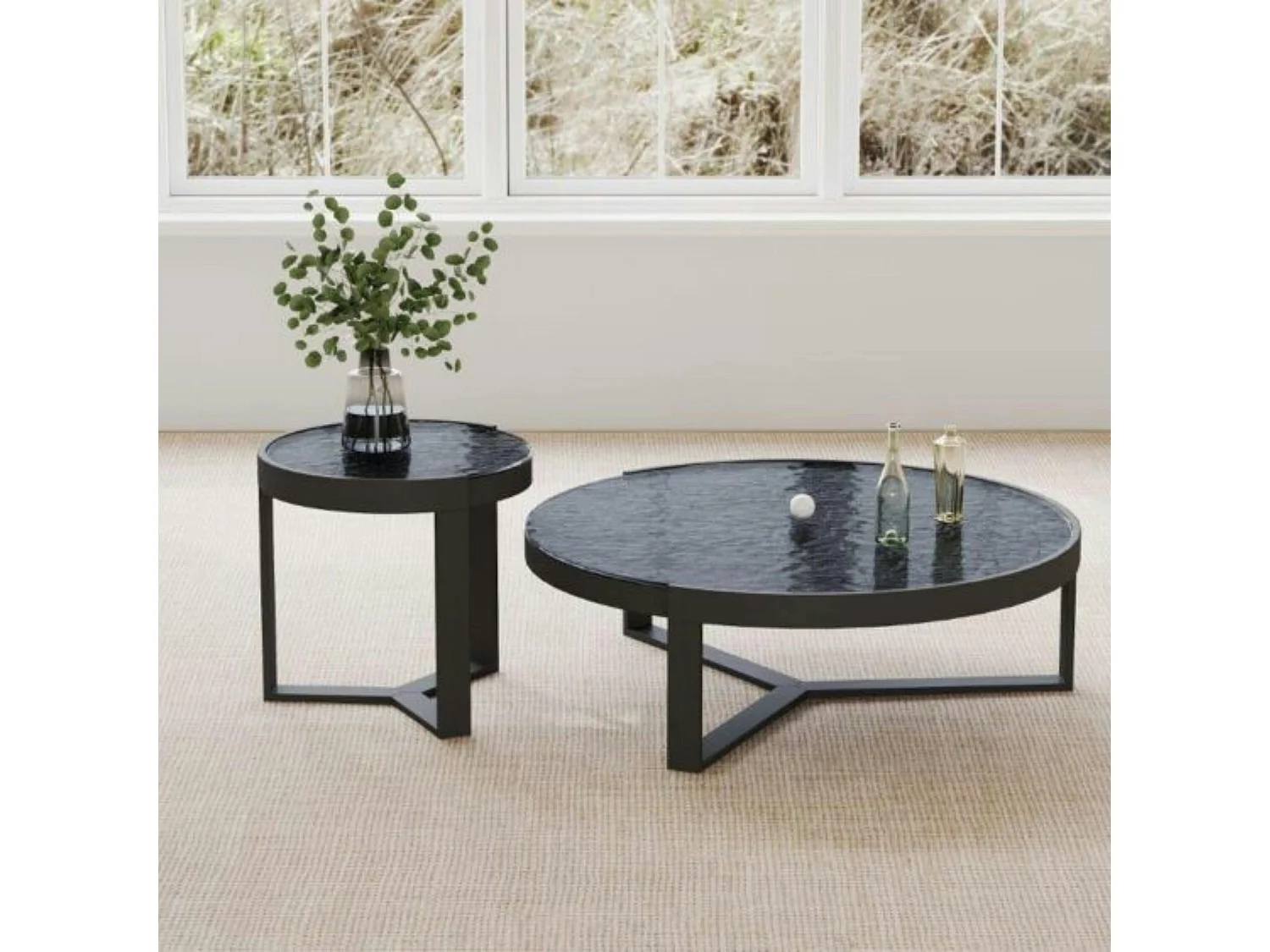 Table basse ronde en verre noir ondulé (lot de 2) LIGURIE