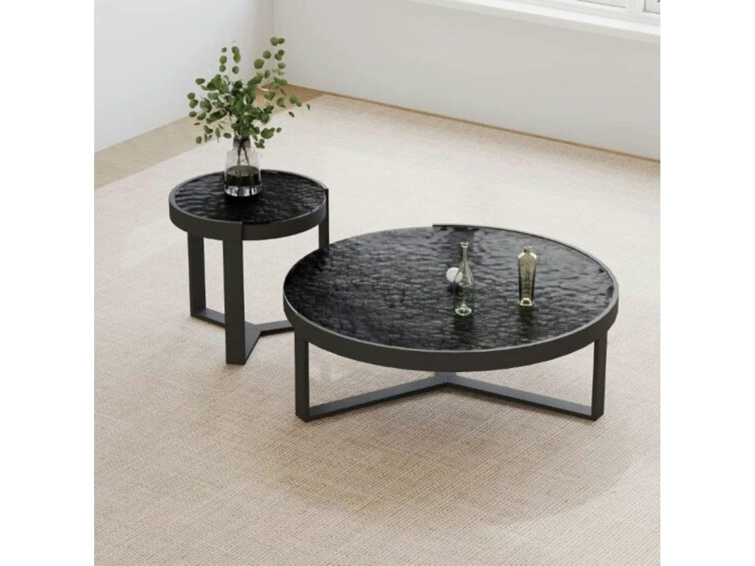 Table basse ronde en verre noir ondulé (lot de 2) LIGURIE