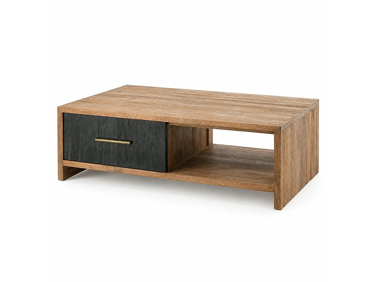 Table basse en teck 2 tiroirs poignées tube métal KANPUR