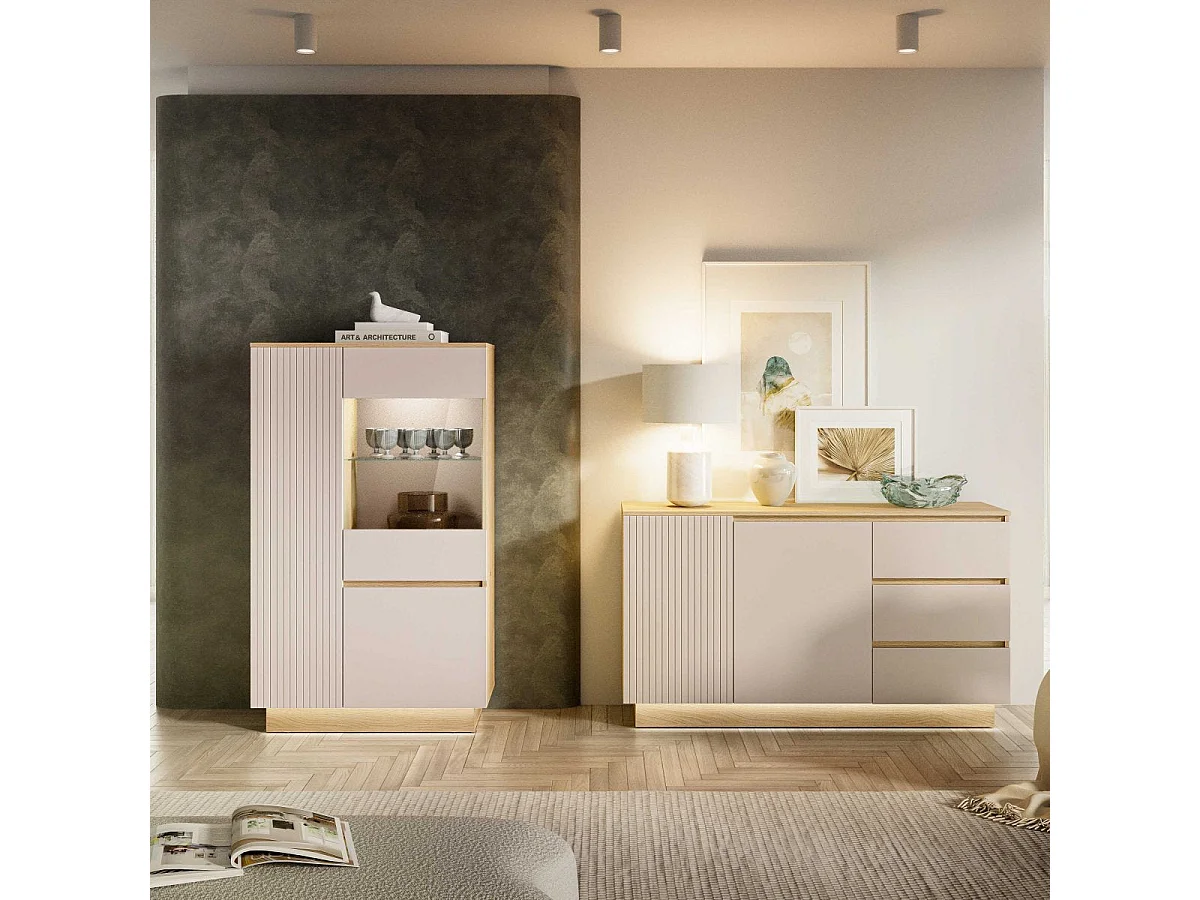Vaisselier 3 portes LED inclus Elyès Cachemire et Bois