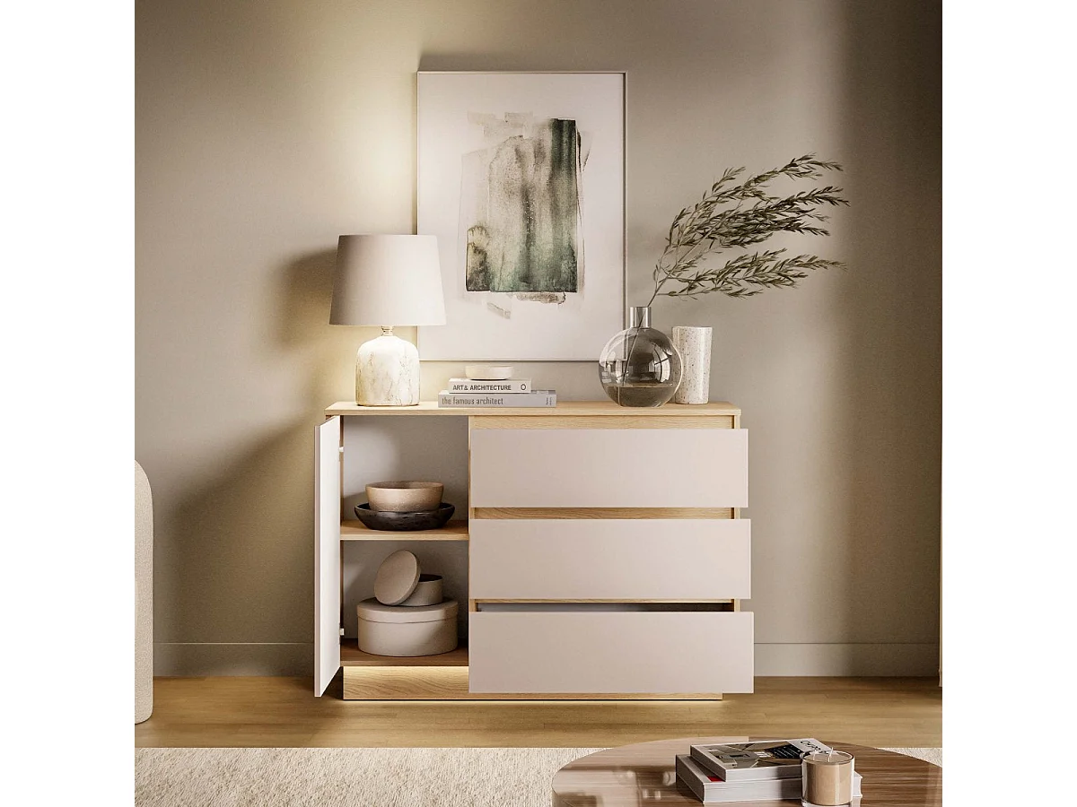 Buffet 1 porte 3 tiroirs LED inclus Elyès Cachemire et Bois