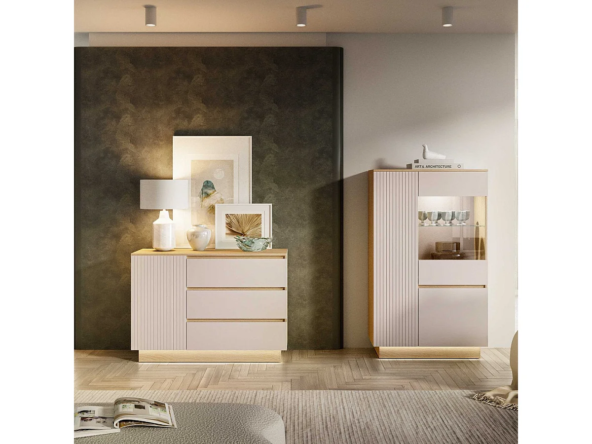 Buffet 1 porte 3 tiroirs LED inclus Elyès Cachemire et Bois