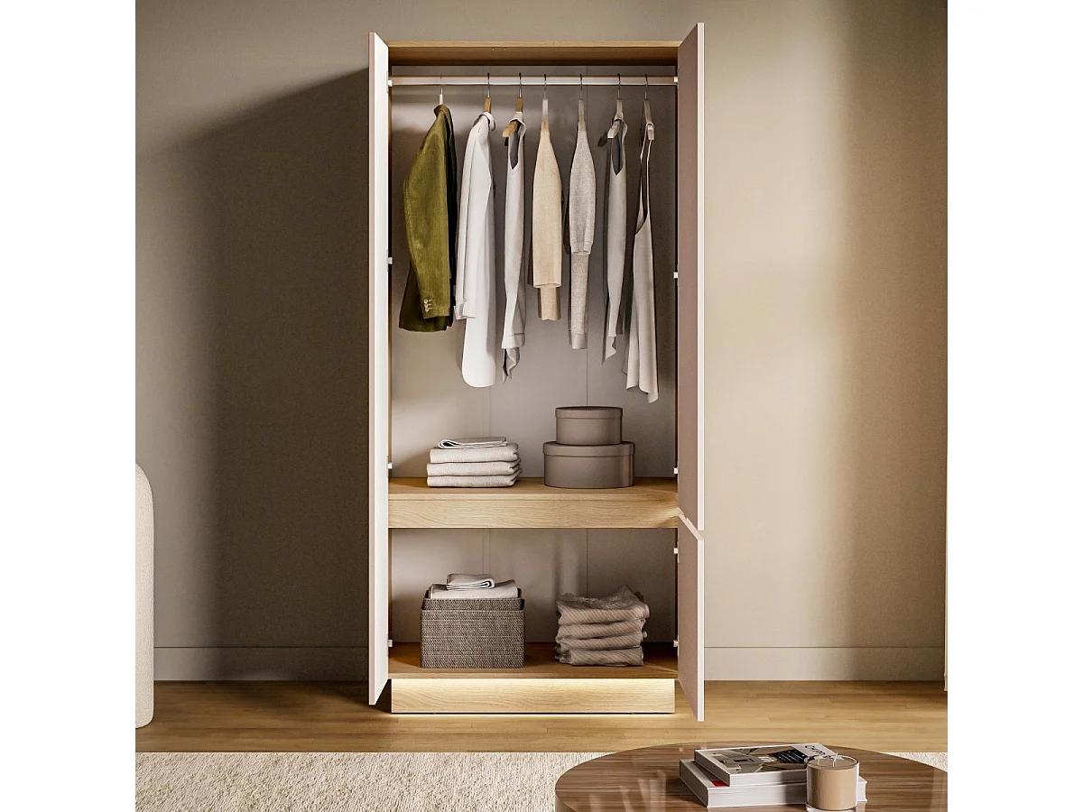 Armoire 3 portes LED inclus Elyès Cachemire et Bois