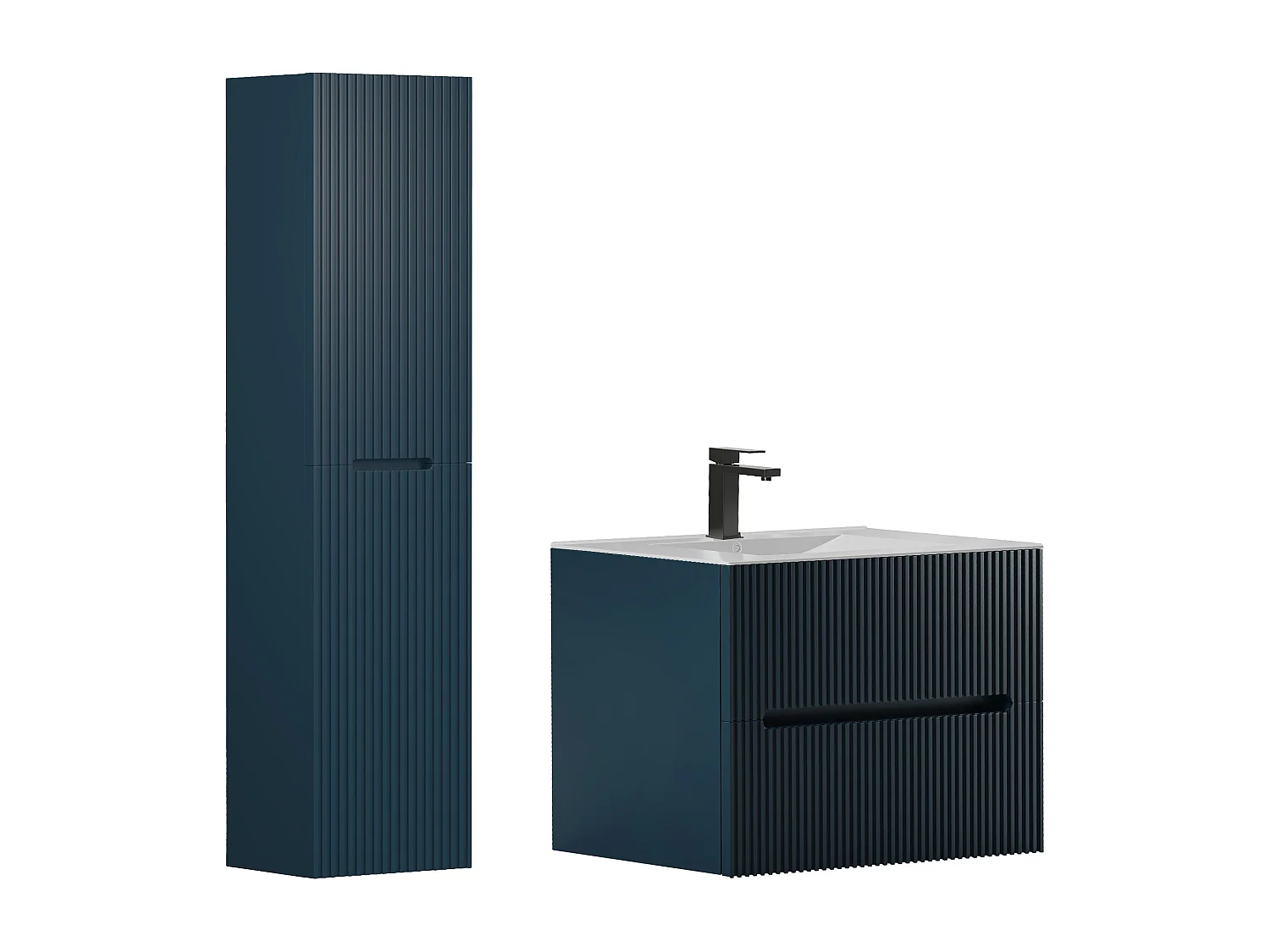 Mobile bagno sospeso con lavabo da incasso e colonna - Scanalato blu - 80 cm - PAVANI