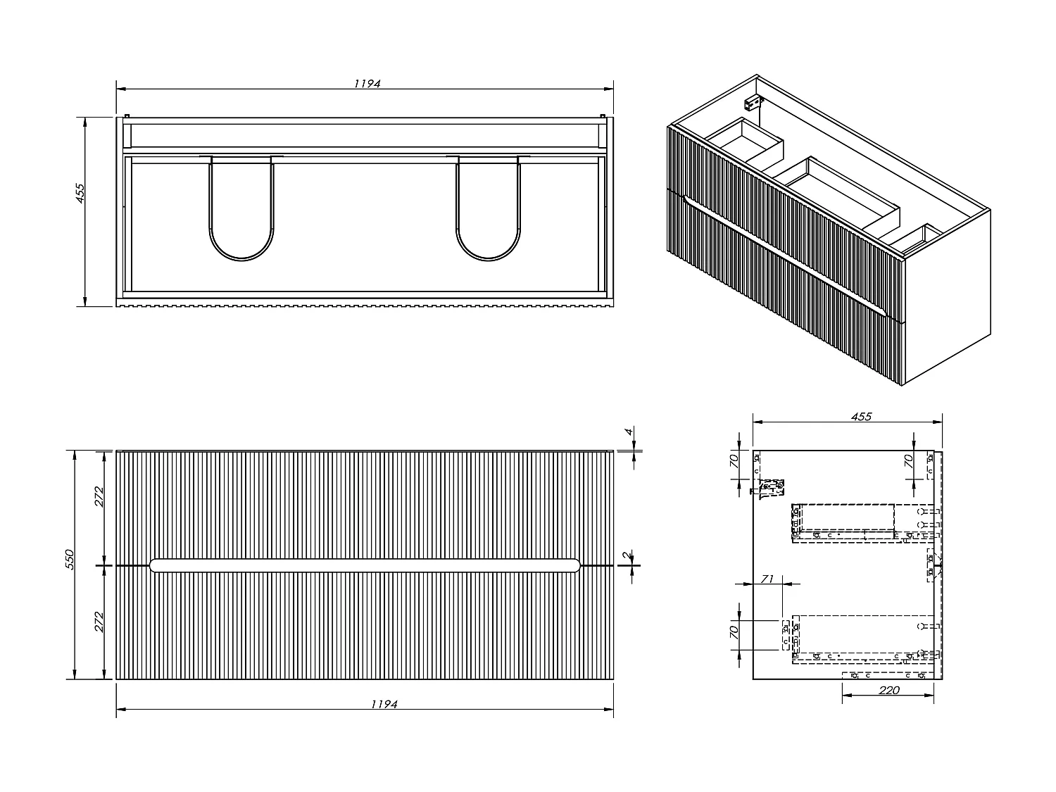 Mobile bagno sospeso con lavabo da incasso e colonna - Scanalato blu - 120 cm - PAVANI