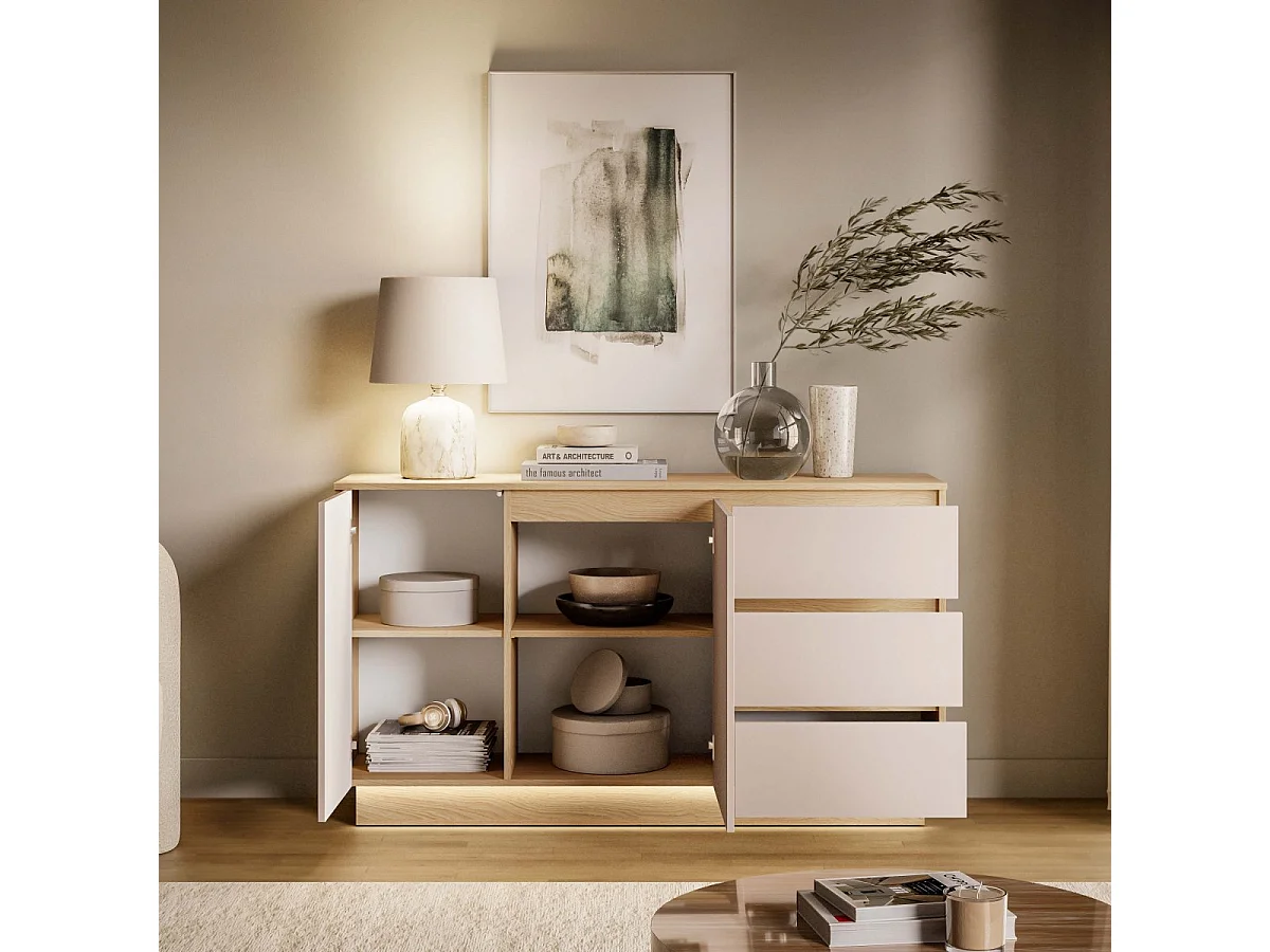 Skänk 2 dörrar 3 lådor LED ingår Elyès Kashmir och Trä