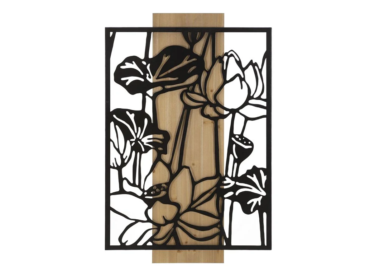 Décoration murale fleurs métal 60x90 cm Noir et Bois